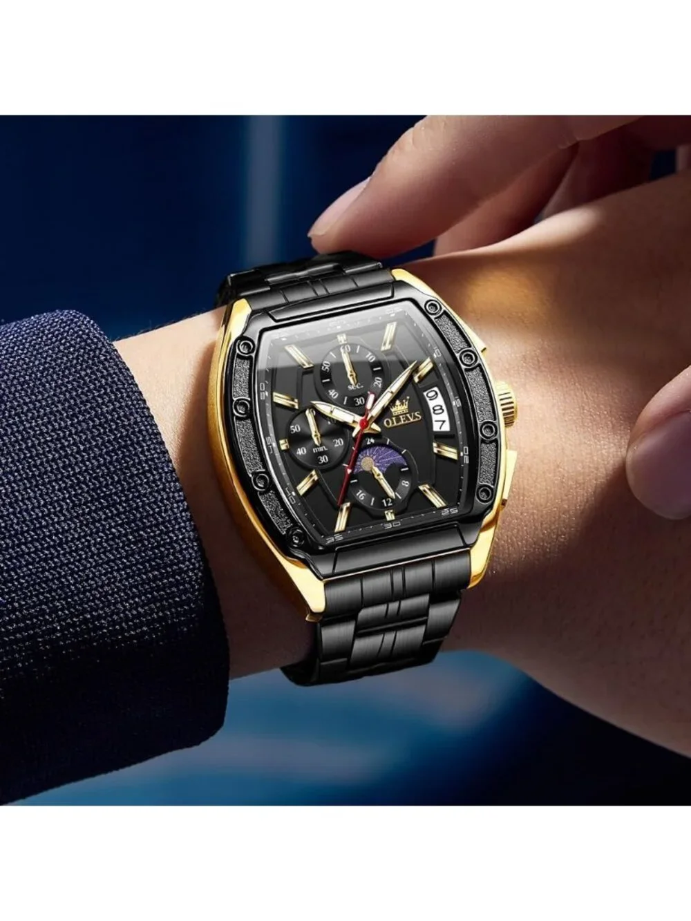 Men's Black Chronograph Rectangle Stainless Steel Luminous Quartz Classic Watch